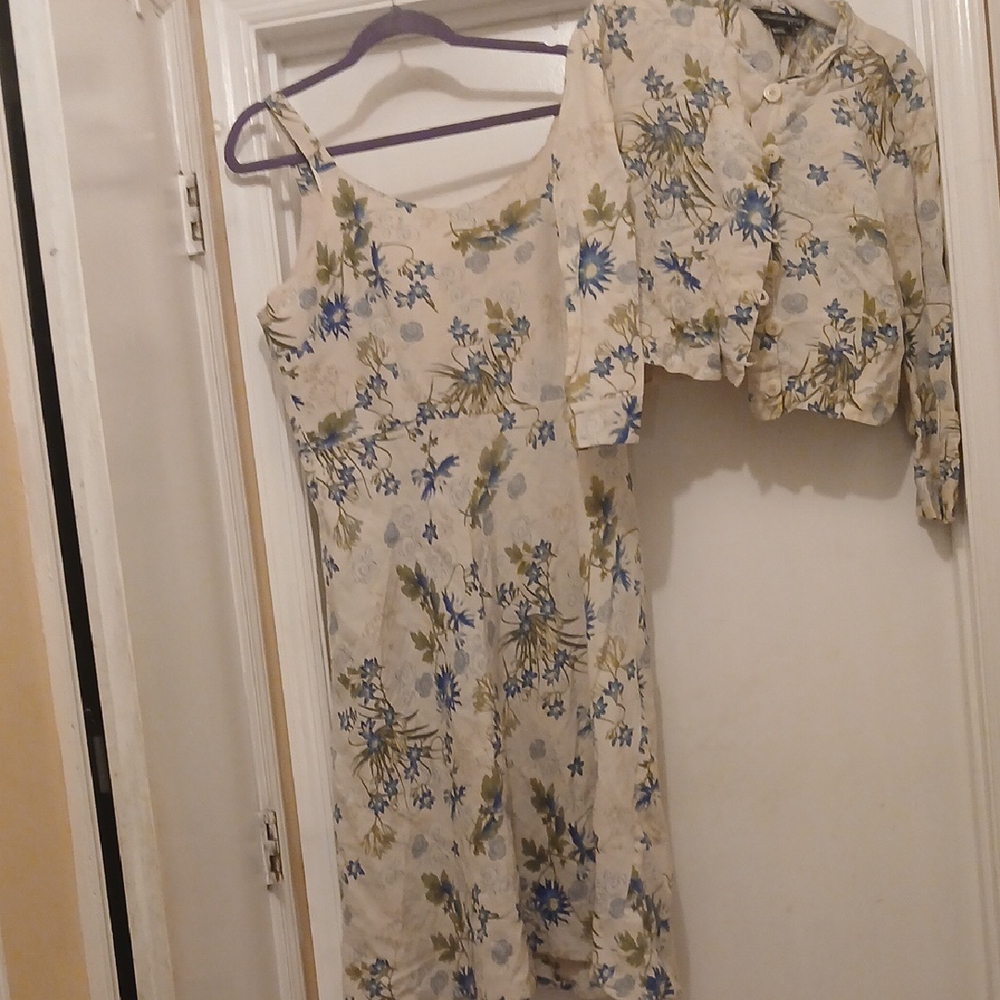 Floral Long Sleeve Dress with Jacket.3 piece set free shipping